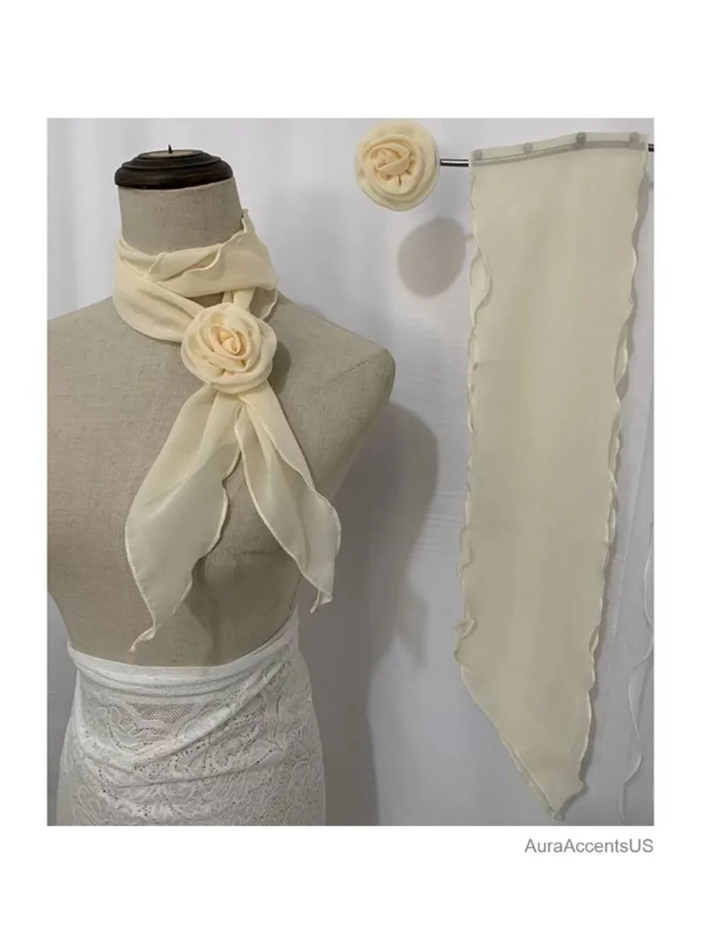 Detachable Rose Flower Chiffon Scarf - Elegant Long Fashion Scarf - Versatile